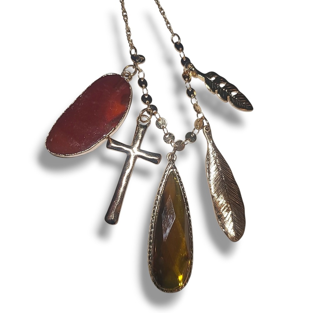 Gold Tone Charm Necklace Cross Feather Stone‎ Pendants Adjustable Slide Chain